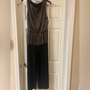 NEW!!! Formal peplum jumpsuit black with gold detail, tie and zipper
